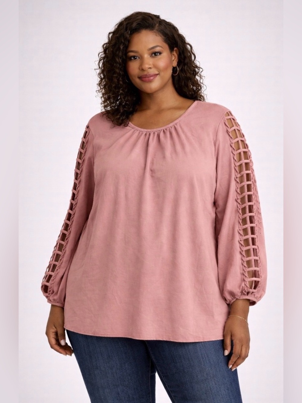 Plus-Size Rose Pink Lattice-Sleeve Blouse